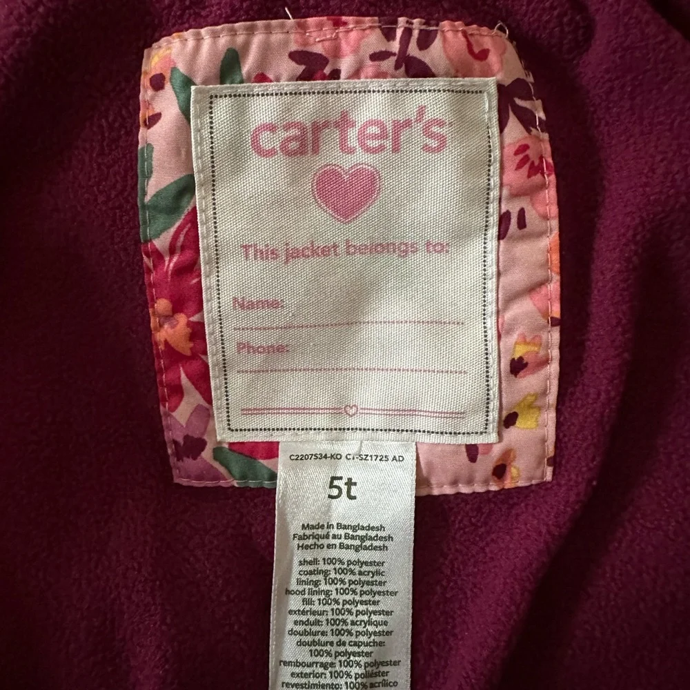 Carter’s Kids Floral Pink Puffer Jacket with Hood - Picture 5 of 5